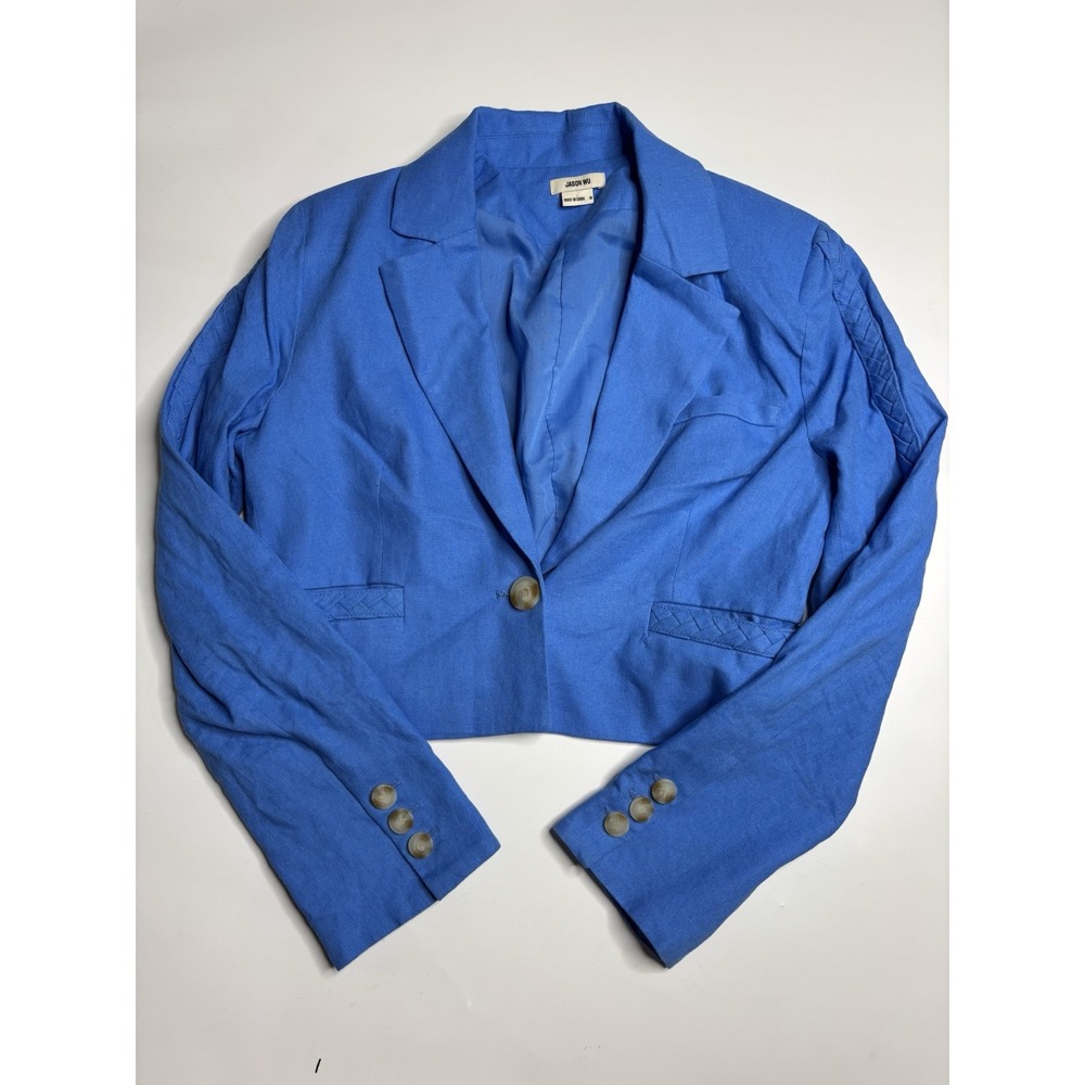 $325 Jason Wu Blazer Cropped Shoulder Pads Linen Cobalt Blue Braided Women's M